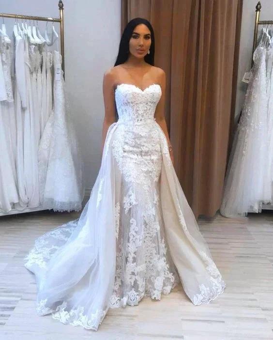 Long Mermaid Sweetheart Appliques Lace Tulle Wedding Dress - Image 2