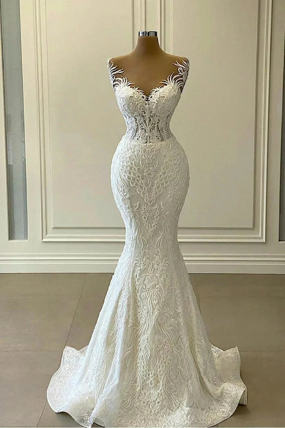 Long Mermaid Sweetheart Appliques Lace Wedding Dress With Detachable Train - Image 2