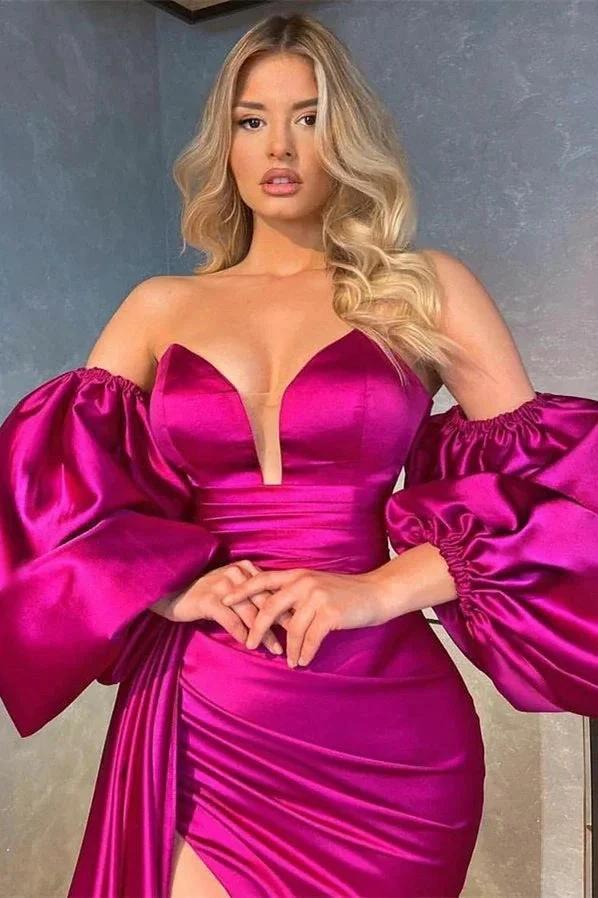 Long Mermaid Sweetheart Satin Front Slit Prom Dress With Detachable Sleeves - Image 2