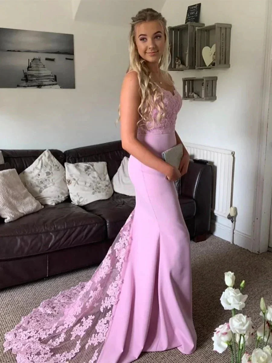 Long Mermaid Sweetheart Satin Lace Graduation Formal Prom Dresses - Image 2