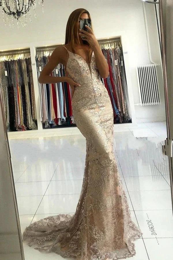 Long Mermaid Sweetheart Spaghetti Straps Appliques Lace Prom Dress