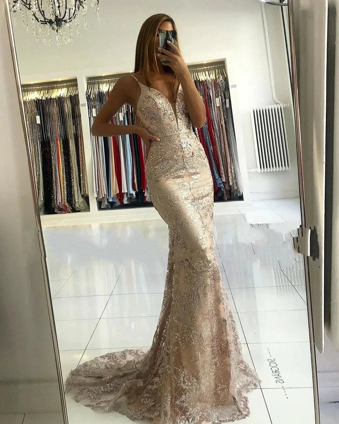 Long Mermaid Sweetheart Spaghetti Straps Appliques Lace Prom Dress - Image 2