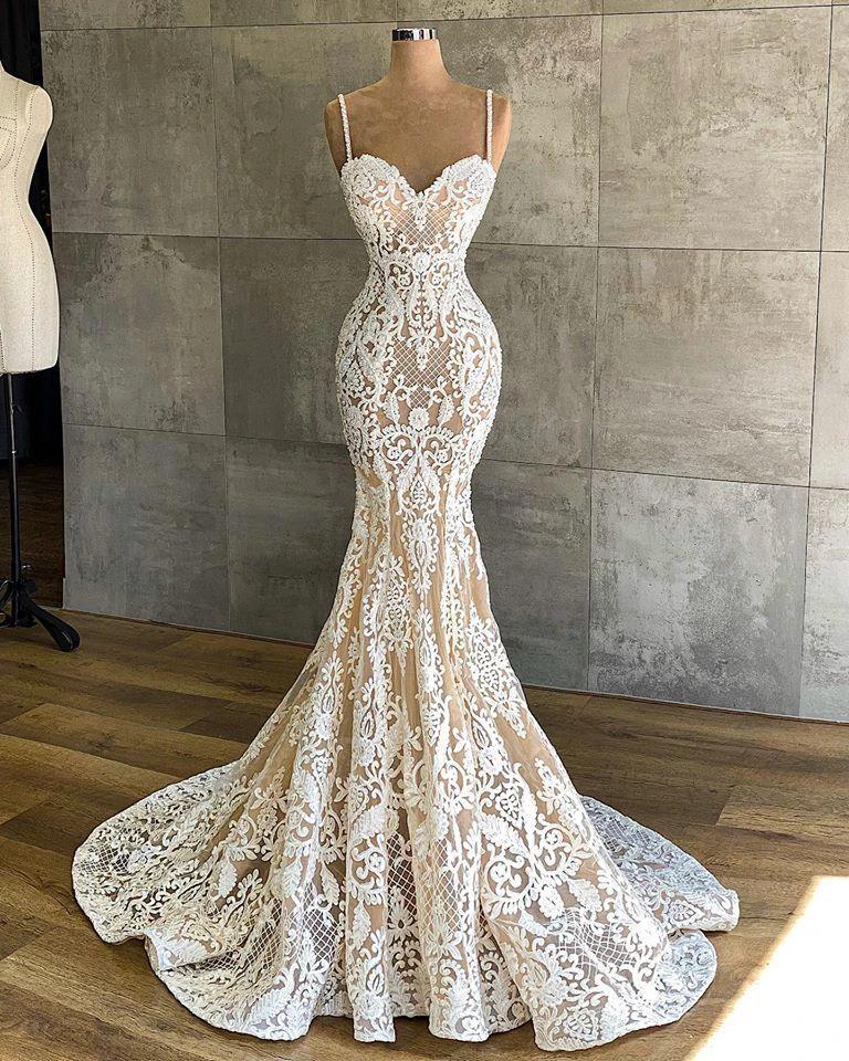 Long Mermaid Sweetheart Spaghetti Straps Appliques Lace Wedding Dress - Image 2