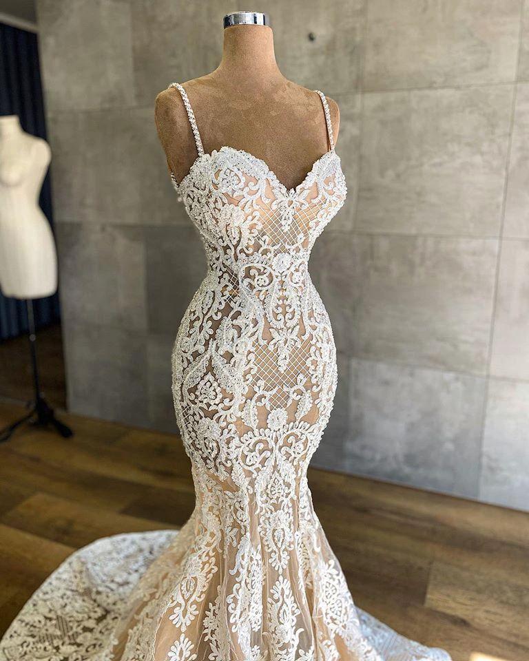 Long Mermaid Sweetheart Spaghetti Straps Appliques Lace Wedding Dress - Image 3