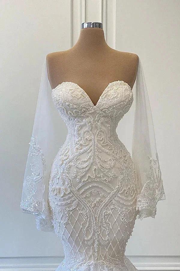 Long Mermaid Sweetheart Strapless Pearls Beadings Lace Wedding Dress with Sleeves - Image 2