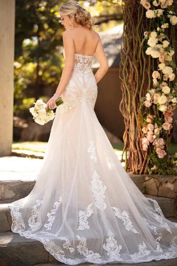 Long Mermaid Sweetheart Tulle Chapel Train Wedding Dress - Image 2