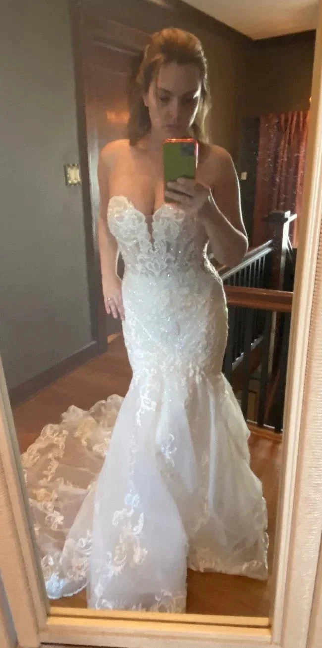Long Mermaid Sweetheart Tulle Chapel Train Wedding Dress - Image 3