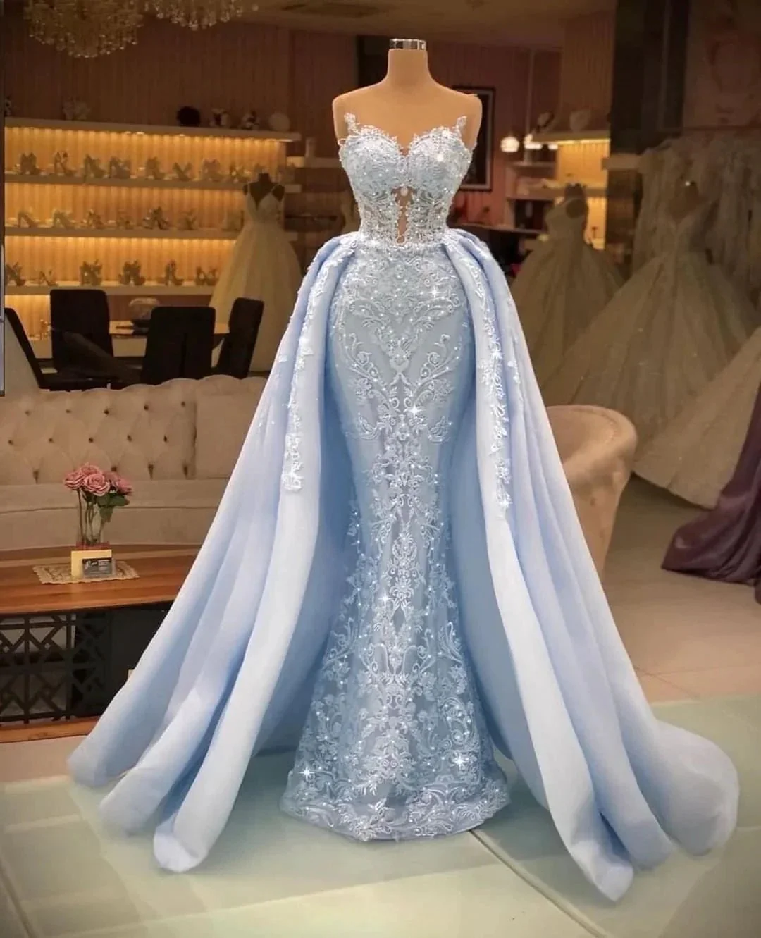Long Mermaid Sweetheart Tulle Glitter Prom Dress with Detachable Sweep Train - Image 2