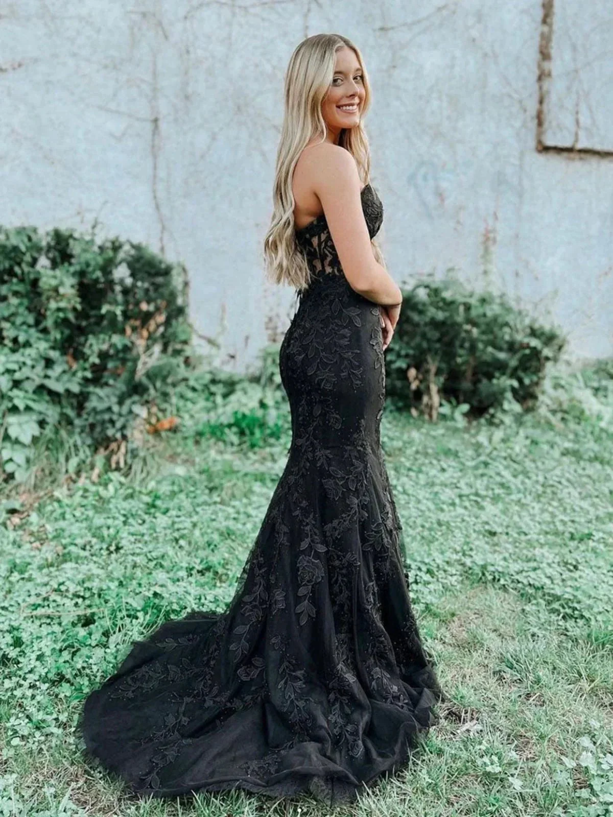 Long Mermaid Sweetheart Tulle Lace Prom Dress Black Formal Evening Gowns - Image 2