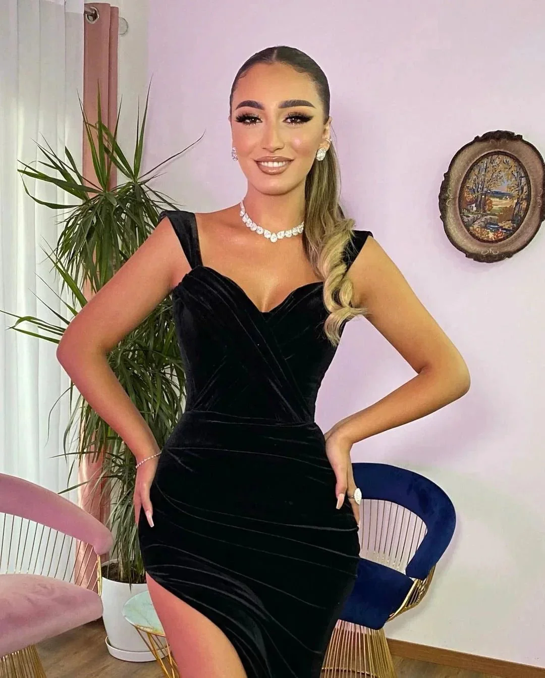 Long Mermaid Sweetheart Velvet Black Formal Prom Dresses with Slit - Image 2