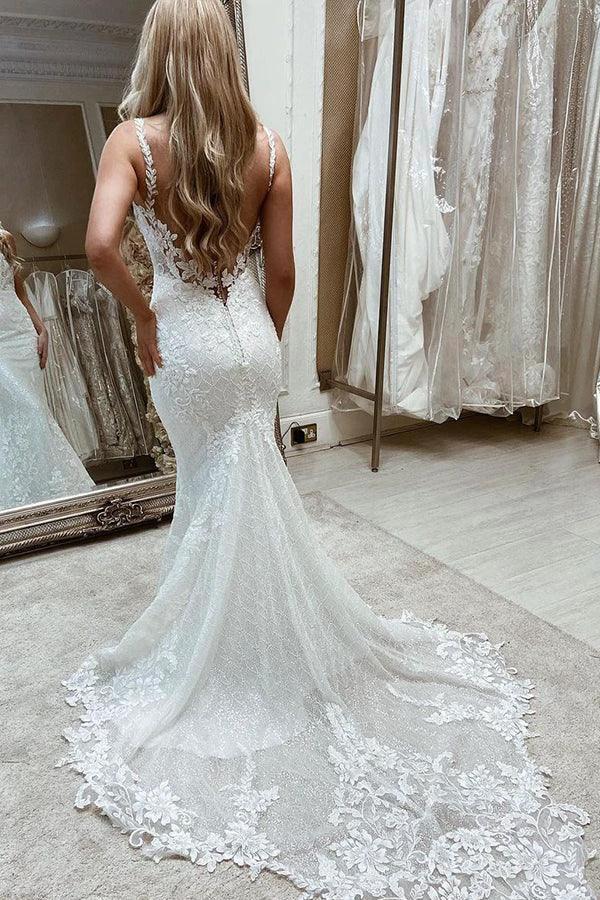 Long Mermaid Tulle Sleeveless Backless Wedding Dresses with Appliques Lace - Image 2