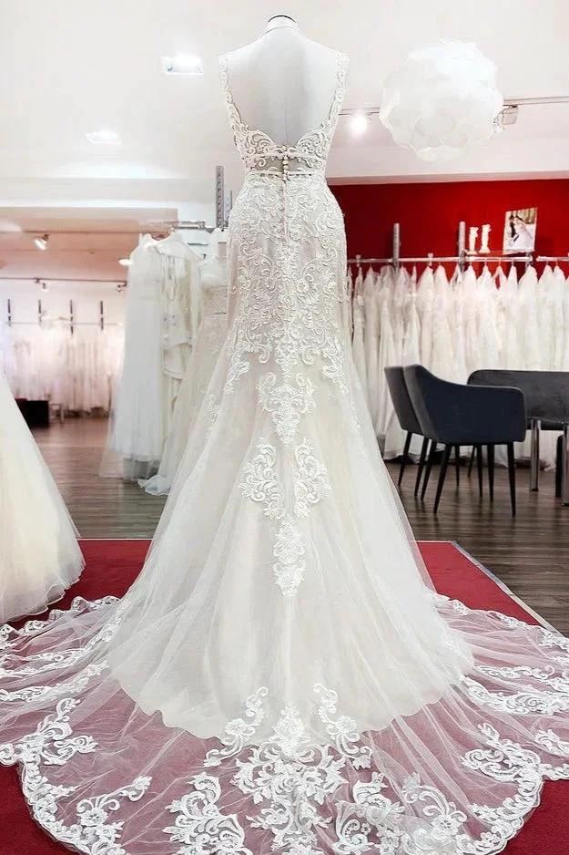 Long Mermaid Tulle Sleeveless Lace Backless Wedding Dress - Image 2