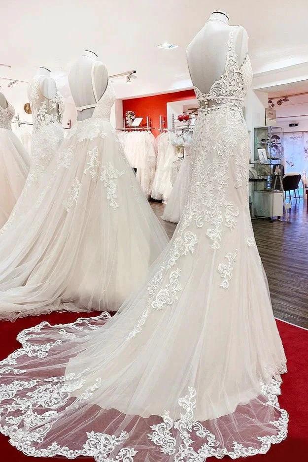 Long Mermaid Tulle Sleeveless Lace Backless Wedding Dress - Image 3