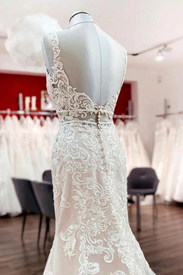 Long Mermaid Tulle Sleeveless Lace Backless Wedding Dress - Image 4