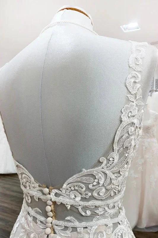 Long Mermaid Tulle Sleeveless Lace Backless Wedding Dress - Image 6