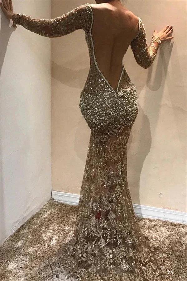 Long Mermaid V-neck Appliques Lace Front Slit Prom Dress with Sleeves - Image 2