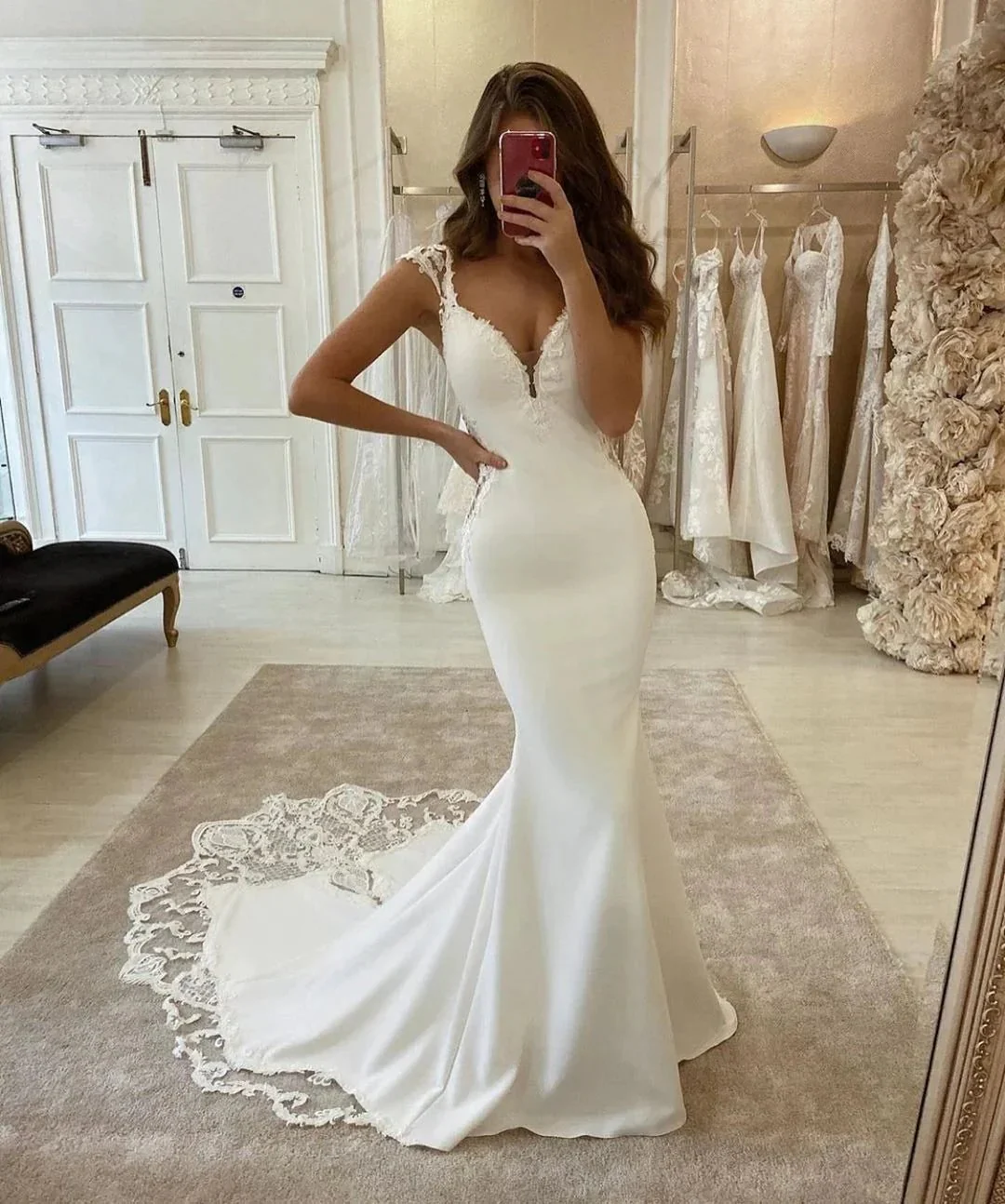 Long Mermaid V-neck Appliques Lace Satin Backless Wedding Dress - Image 3