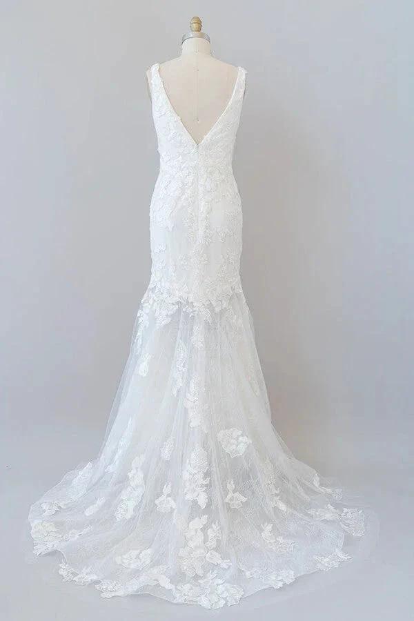 Long Mermaid V-neck Appliques Tulle Lace Wedding Dress - Image 2