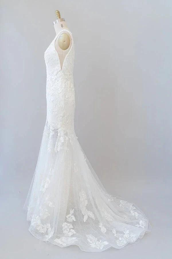 Long Mermaid V-neck Appliques Tulle Lace Wedding Dress - Image 3