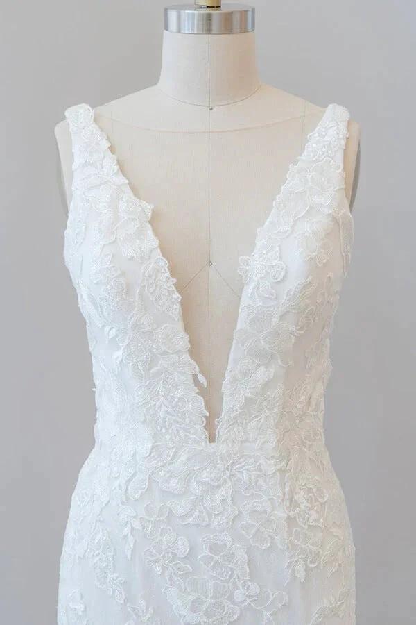 Long Mermaid V-neck Appliques Tulle Lace Wedding Dress - Image 5
