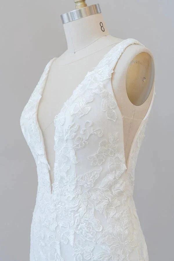 Long Mermaid V-neck Appliques Tulle Lace Wedding Dress - Image 6