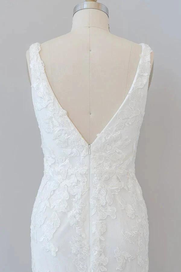 Long Mermaid V-neck Appliques Tulle Lace Wedding Dress - Image 7