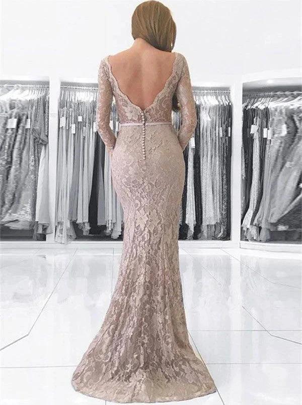 Long Mermaid V-neck Backless Lace Prom Dress with Sleeves - Image 2