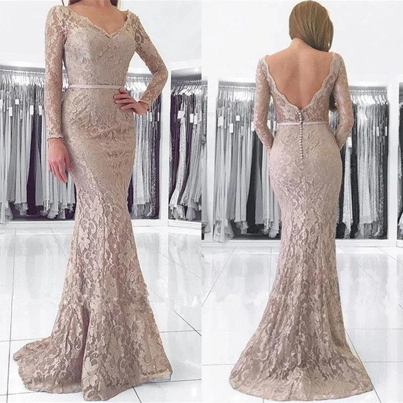 Long Mermaid V-neck Backless Lace Prom Dress with Sleeves - Image 3