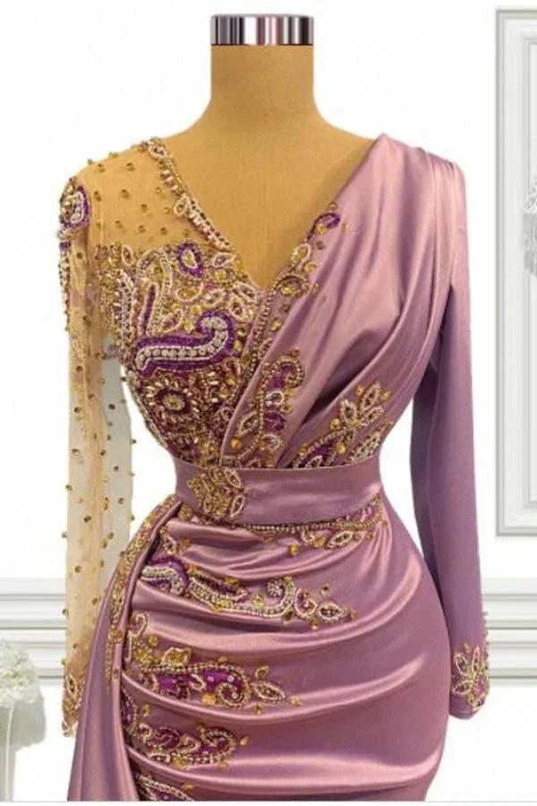 Long Mermaid V-neck Beading Satin Prom Dress with Sleeves - Image 2