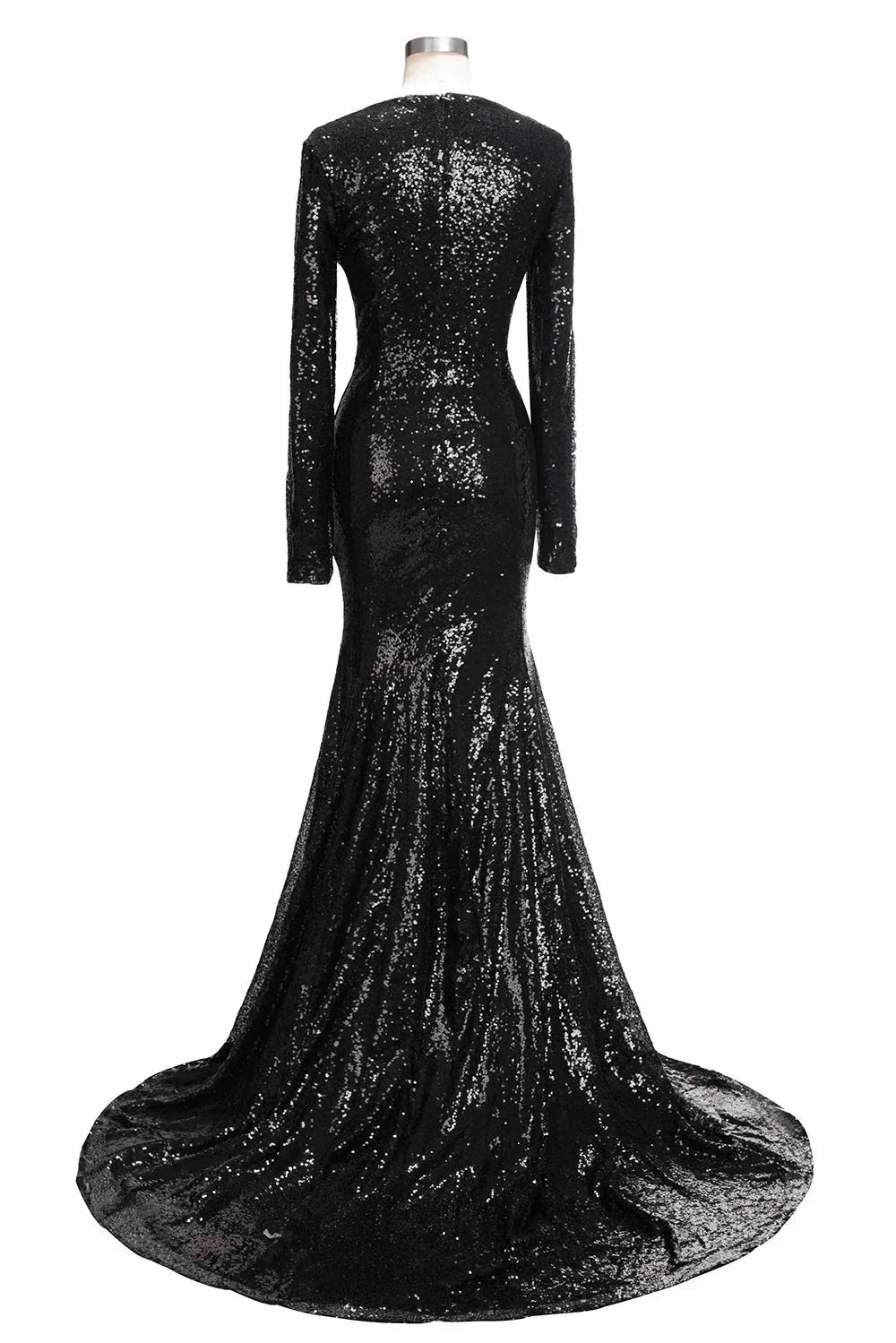 Long Mermaid V-Neck Black Sequins Prom Dresses with Sleeves - Image 2