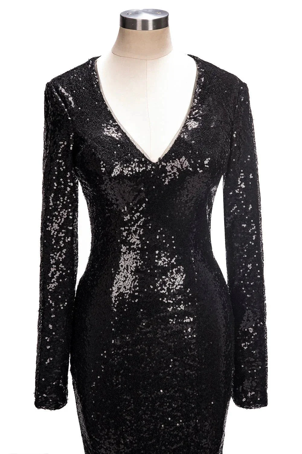 Long Mermaid V-Neck Black Sequins Prom Dresses with Sleeves - Image 3