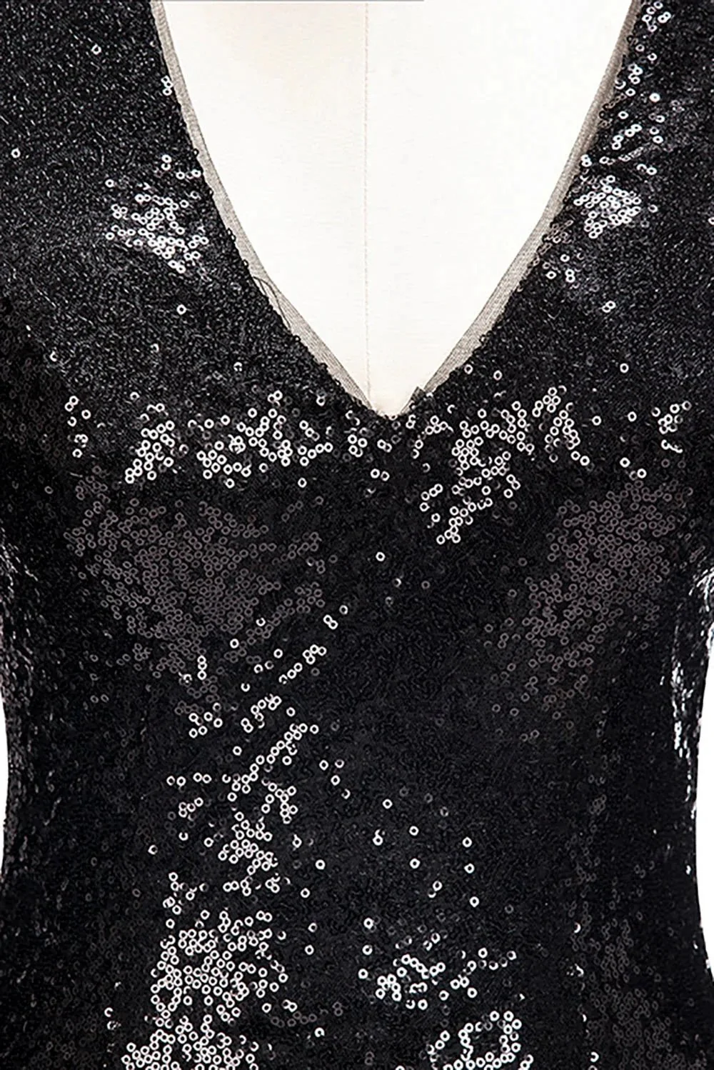 Long Mermaid V-Neck Black Sequins Prom Dresses with Sleeves - Image 4