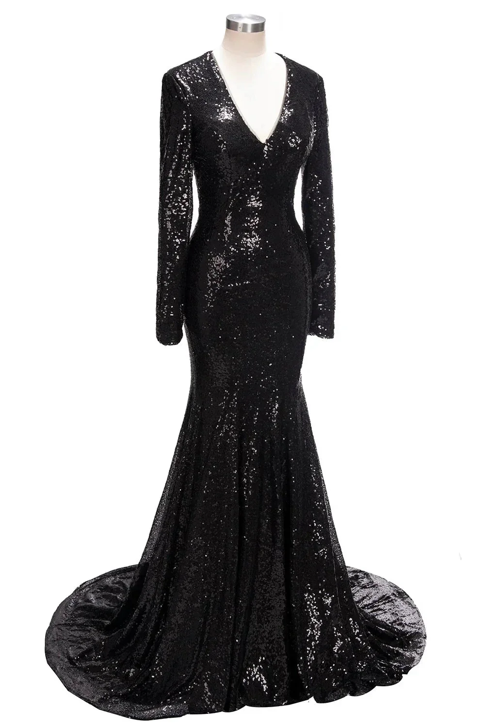Long Mermaid V-Neck Black Sequins Prom Dresses with Sleeves - Image 5