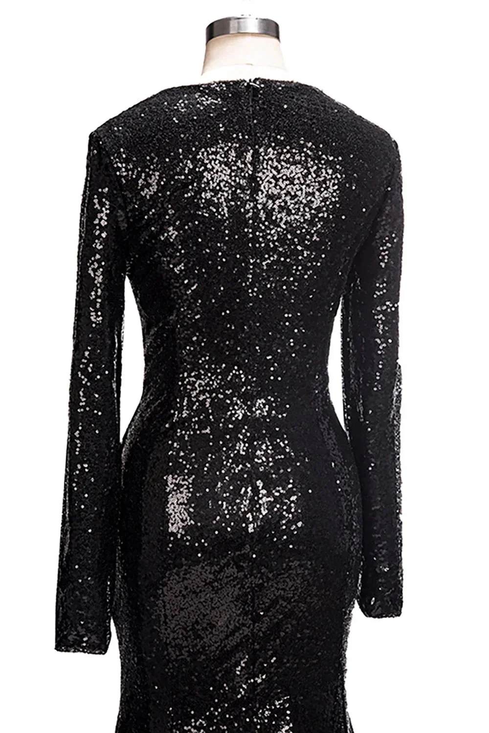 Long Mermaid V-Neck Black Sequins Prom Dresses with Sleeves - Image 6