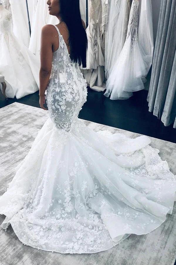 Long Mermaid V-neck Floral Beaings Straps Backless Wedding Dress - Image 2