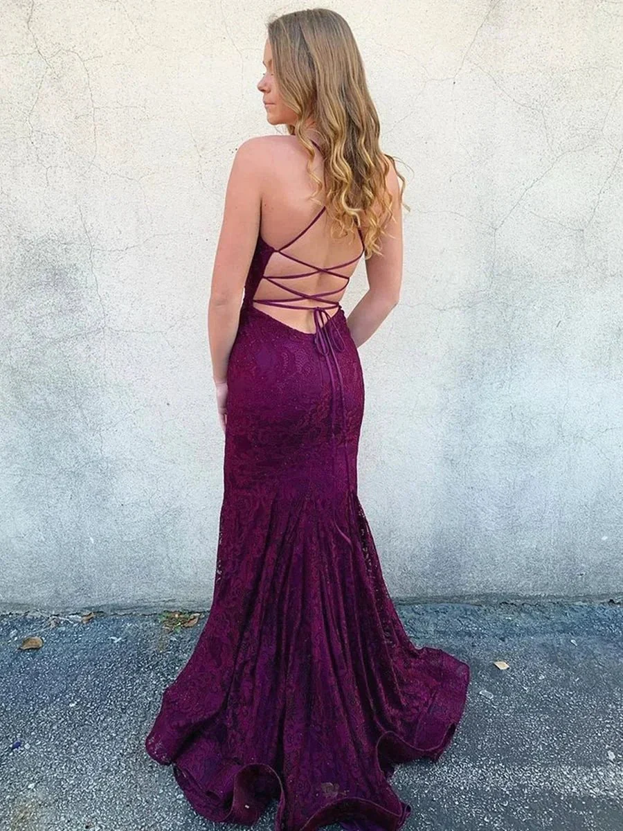 Long Mermaid V Neck Lace Backless Graduation Prom Dresses - Image 2