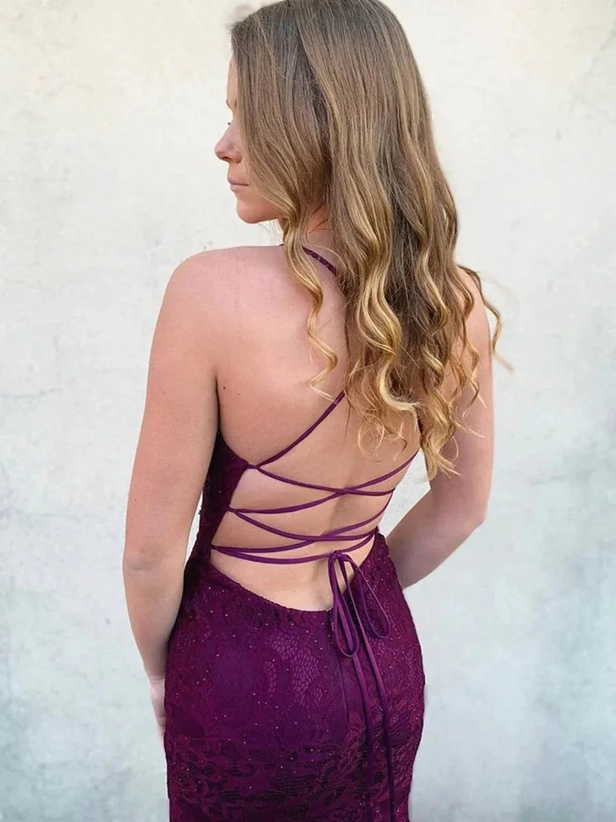 Long Mermaid V Neck Lace Backless Graduation Prom Dresses - Image 3