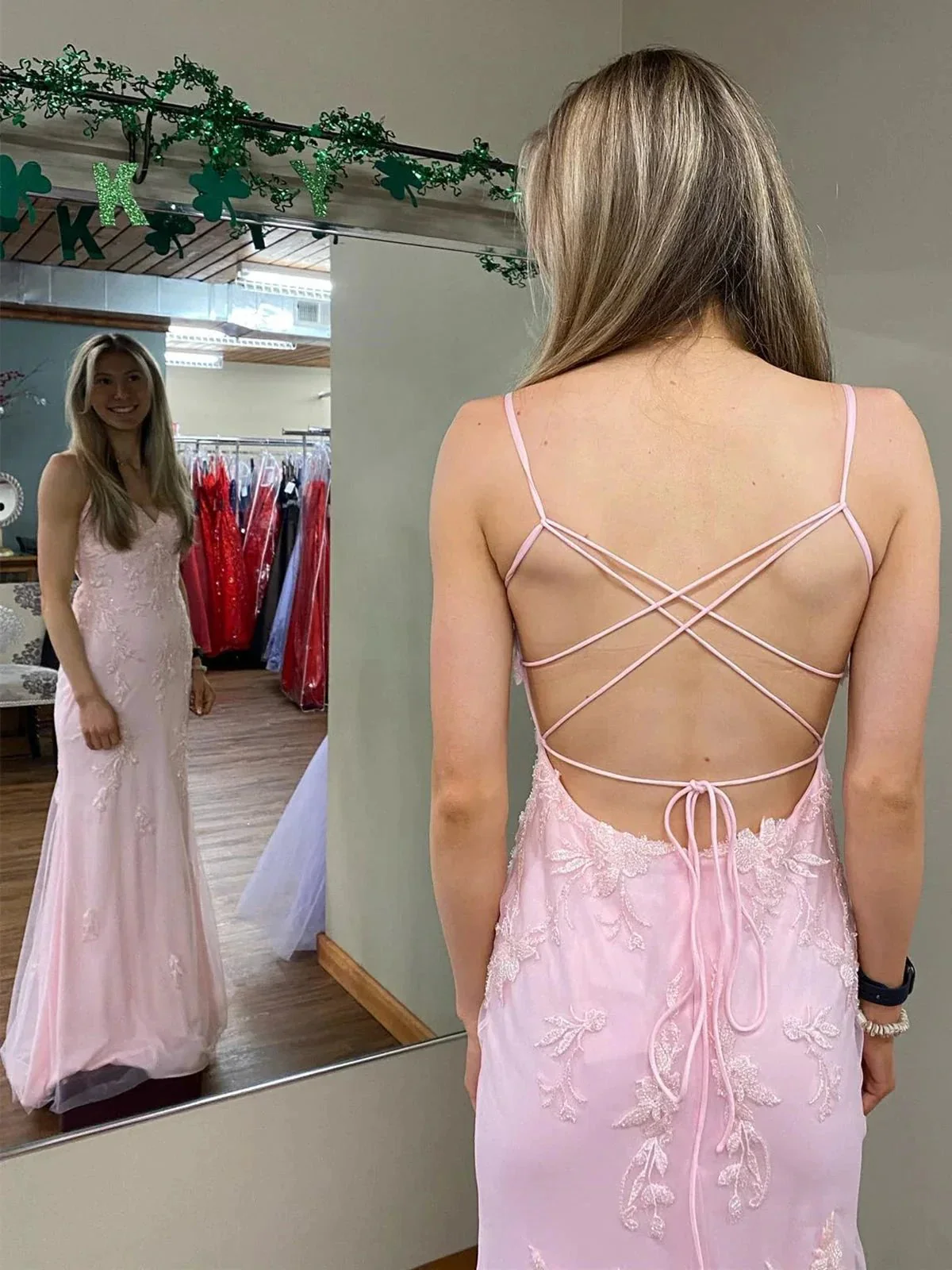 Long Mermaid V-neck Lace Backless Prom Dress Pink Formal Evening Dresses - Image 2