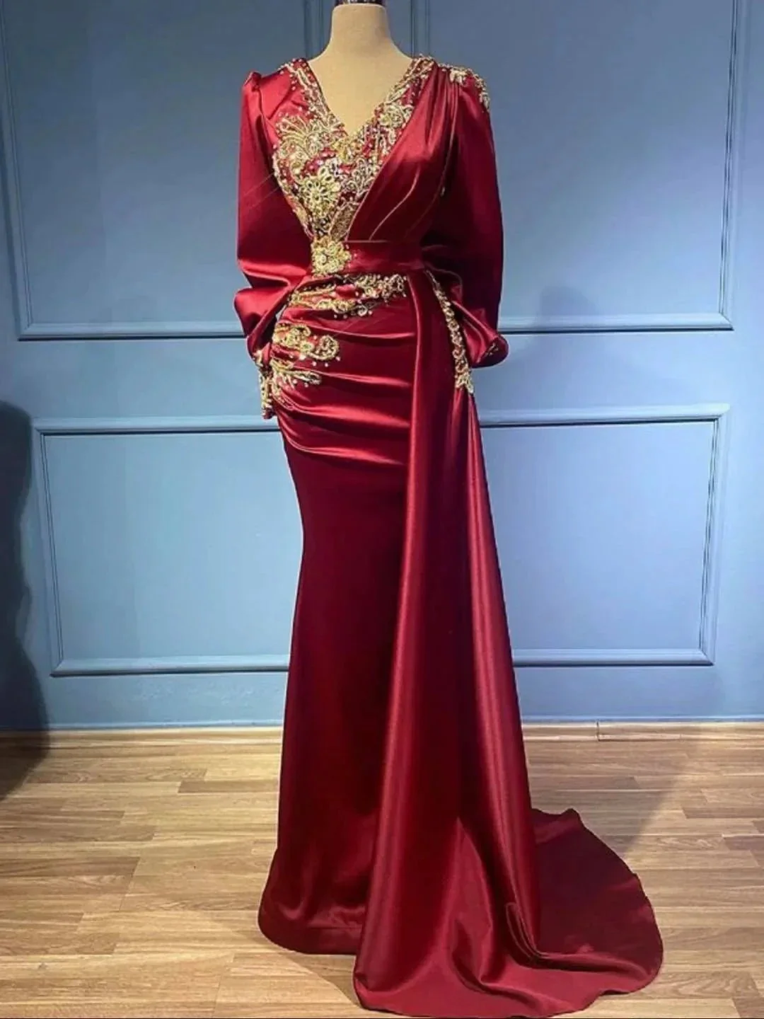 Long Mermaid V-neck Satin Beads Burgundy Prom Dress with Sleeves - Image 2