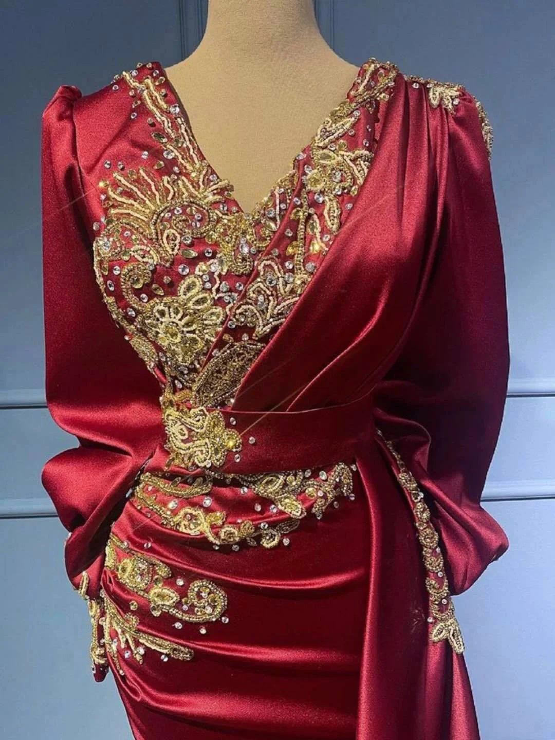 Long Mermaid V-neck Satin Beads Burgundy Prom Dress with Sleeves - Image 4