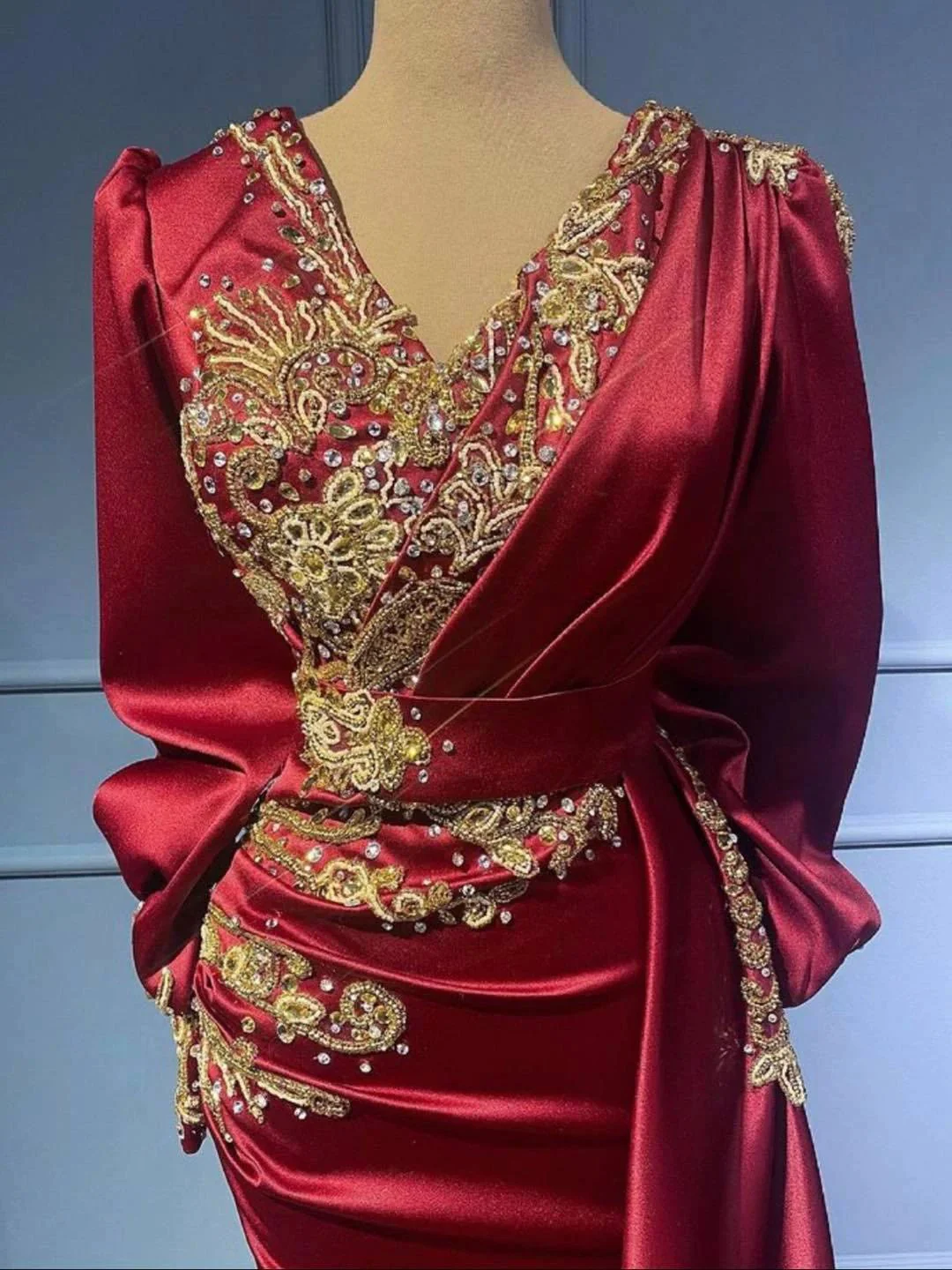 Long Mermaid V-neck Satin Beads Burgundy Prom Dress with Sleeves - Image 5