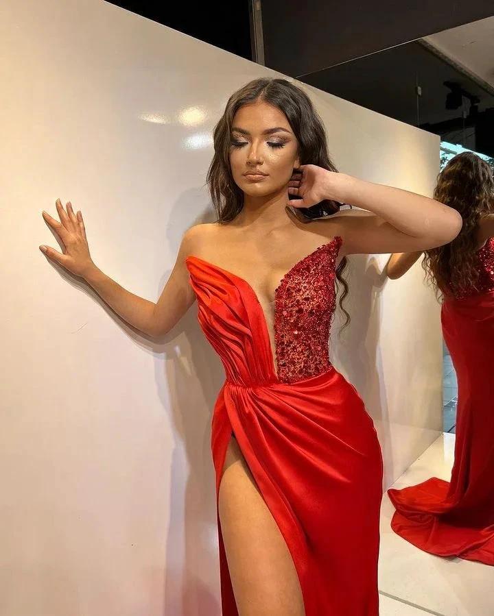 Long Mermaid V-neck Satin Formal Prom Dresses with High Split - Image 2