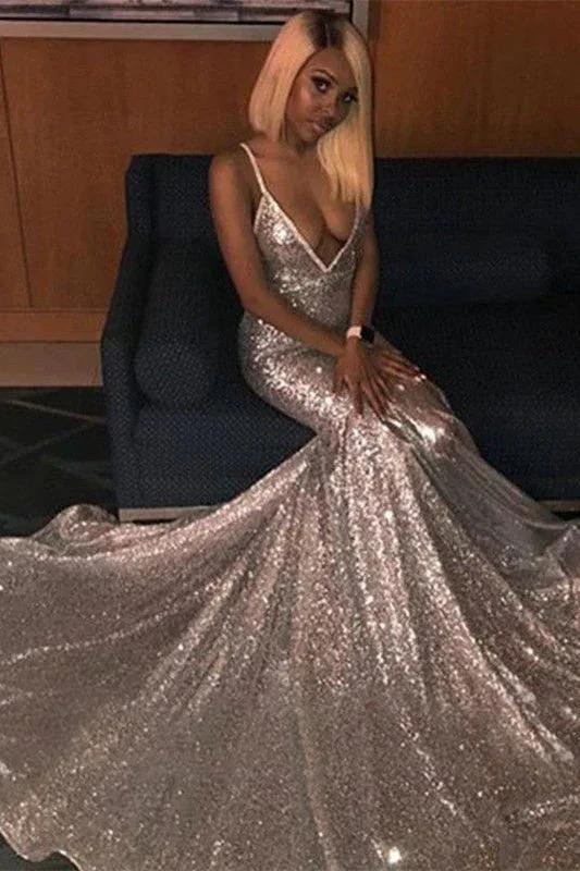 Long Mermaid V-Neck Sequins Backless Prom Dress - Image 3