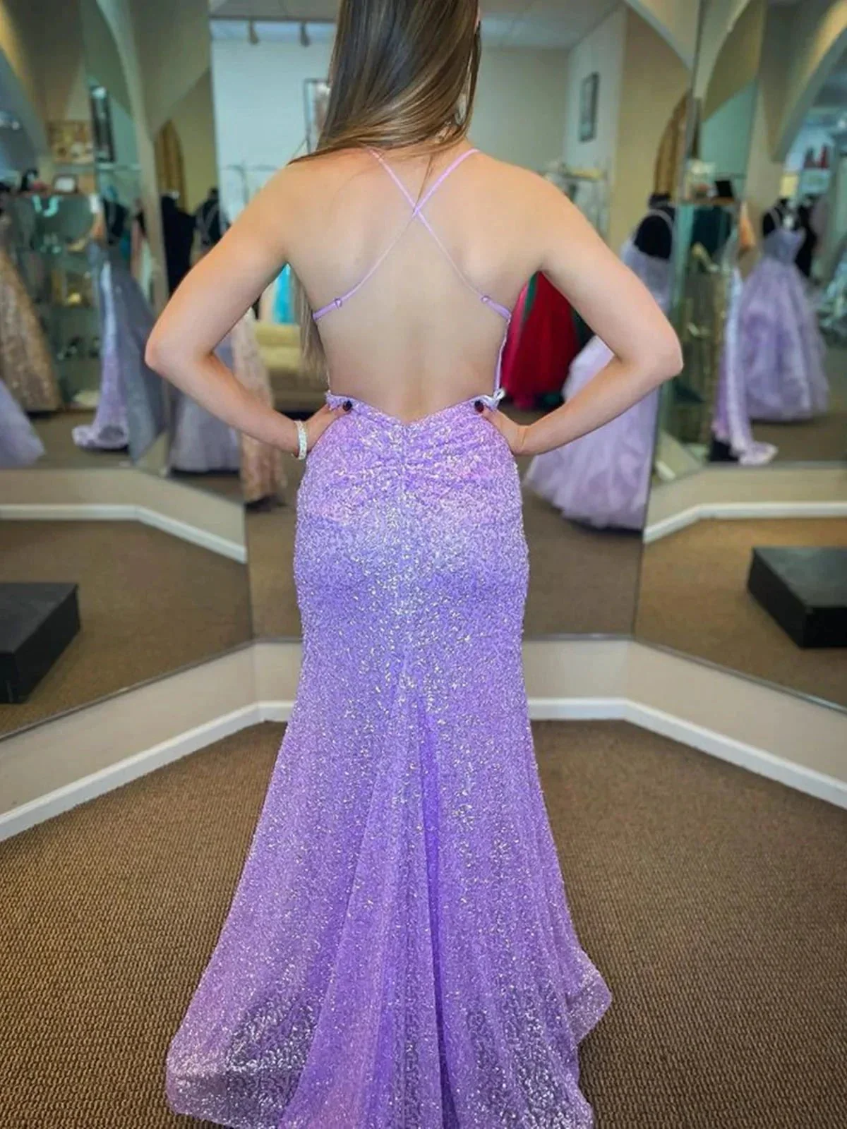 Long Mermaid V-neck Sequins Backless Prom Dress Lilac Formal Evening Dresses - Image 2