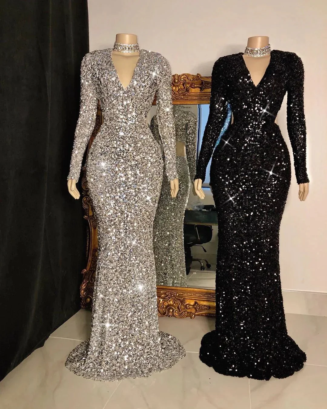 Long Mermaid V-neck Sequins Prom Dresses with Sleeves - Image 2