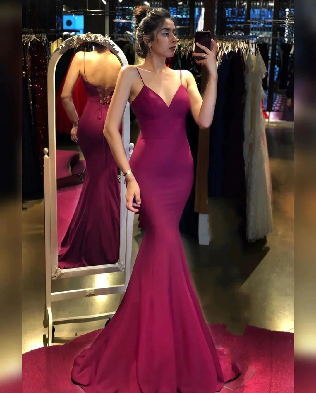 Long Mermaid V-neck Spaghetti Straps Backless Prom Dress - Image 2