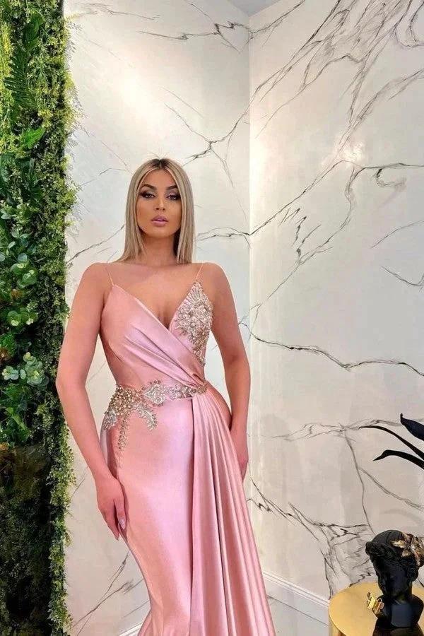 Long Mermaid V-neck Spaghetti Straps Glitter Pink Prom Dresses - Image 2