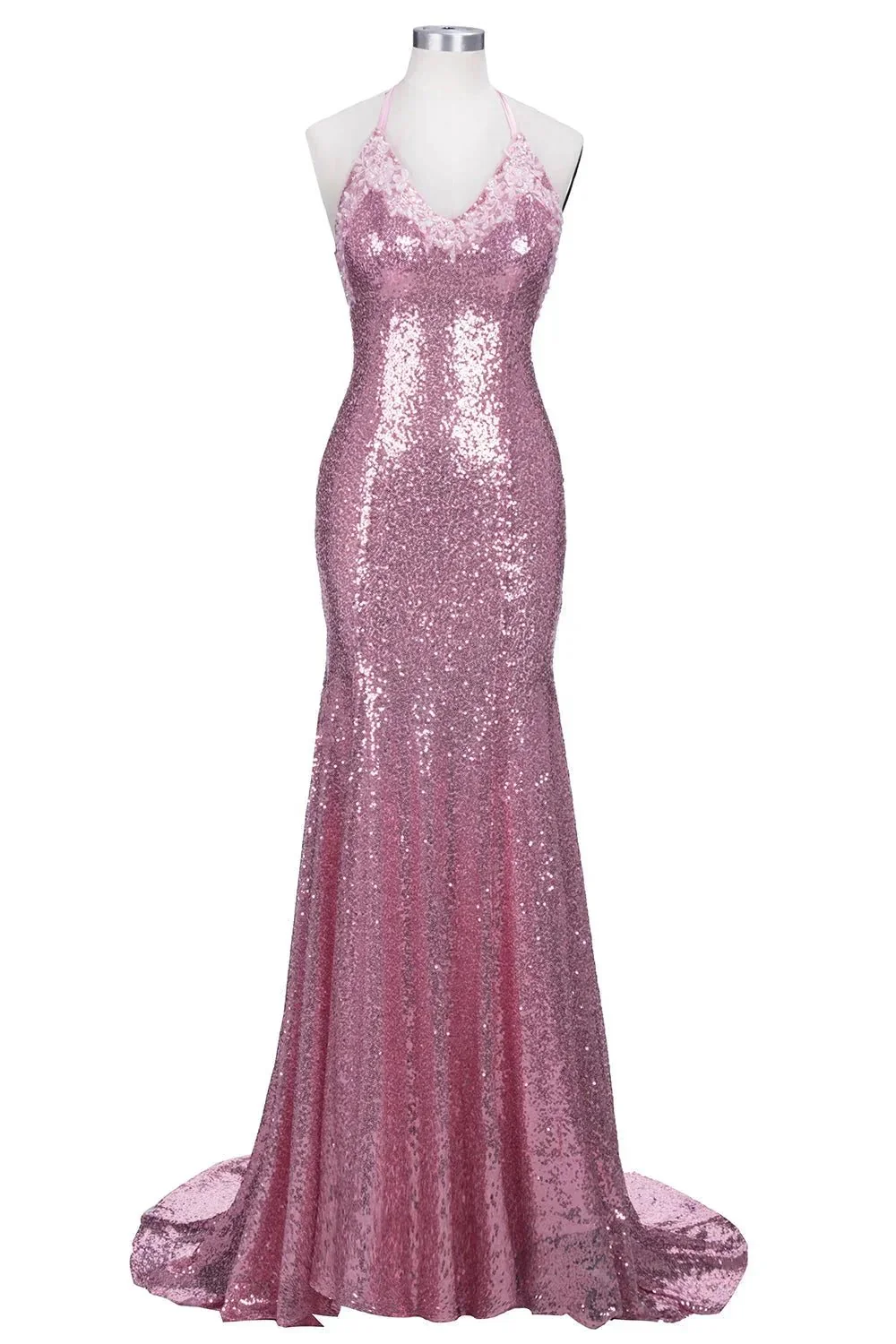 Long Mermaid V-neck Spaghetti Straps Pink Sequined Backless Prom Dress - Image 2