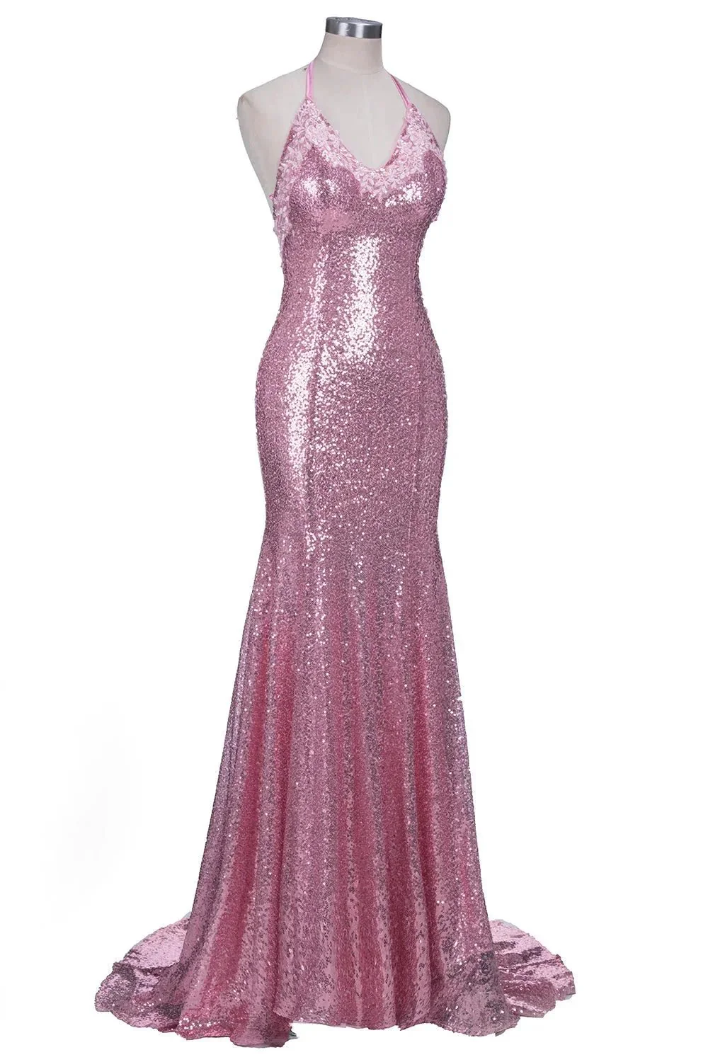 Long Mermaid V-neck Spaghetti Straps Pink Sequined Backless Prom Dress - Image 4