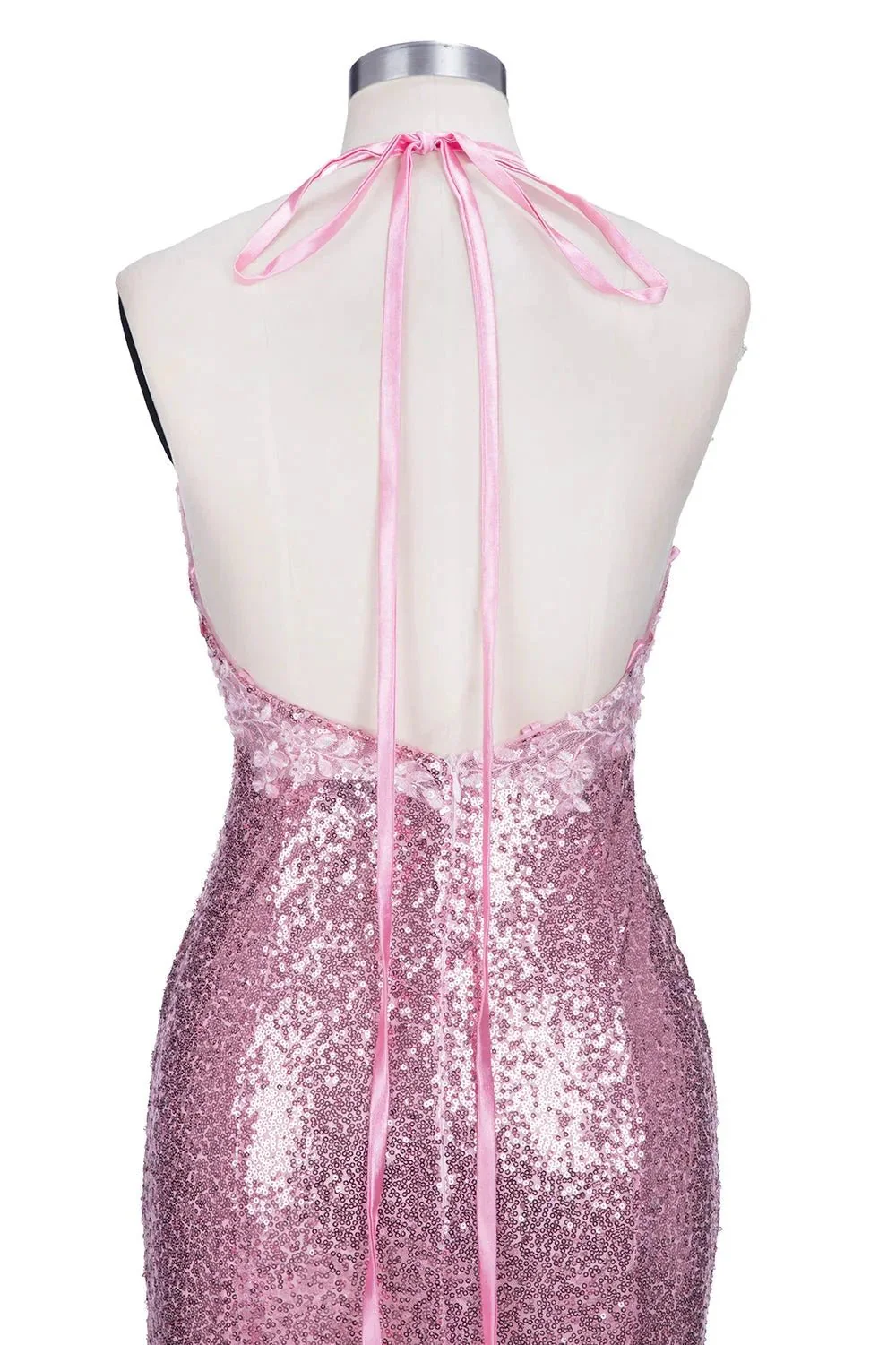 Long Mermaid V-neck Spaghetti Straps Pink Sequined Backless Prom Dress - Image 5
